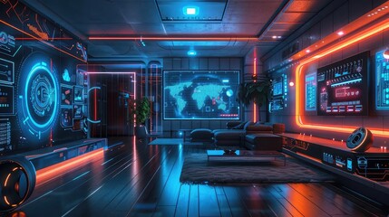 Obraz premium Smart home devices connected, holographic interface, modern interior, vibrant colors, hightech design, photorealistic