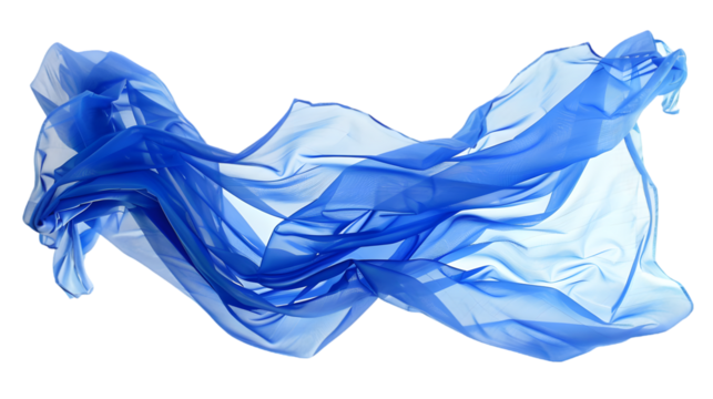 Blue crumpled plastic shopping, grocery bag in flying isolated on a transparent background