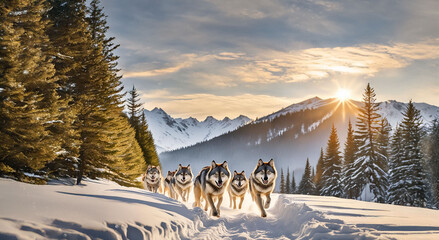 Mountain wolves running towards camera in the snow with snowy peaks and sunrise in background