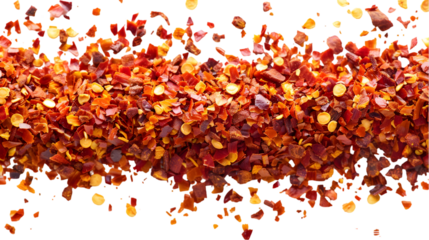 Close up spicy chili red pepper flakes, chopped, milled dry paprika pile isolated on a transparent background