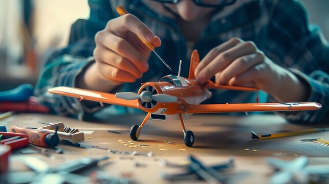Close-up of Hands assembling a small model airplane with precision tools