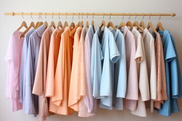 Light dresses in pastel colors hang on hangers against a white wall. Minimalist wardrobe