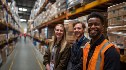 happy warehouse workers in the warehouse