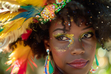 Exotic Brazilian woman in vibrant Carnival attire, gazing at camera