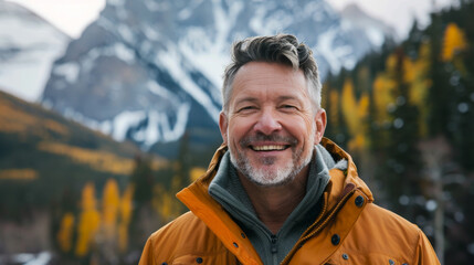 Portrait of a mature male in winter outdoor , happy man in scenic mountain and forest landscape