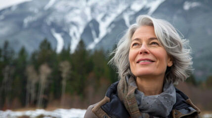 Portrait of a mature female in winter outdoor , happy woman in scenic mountain and forest landscape
