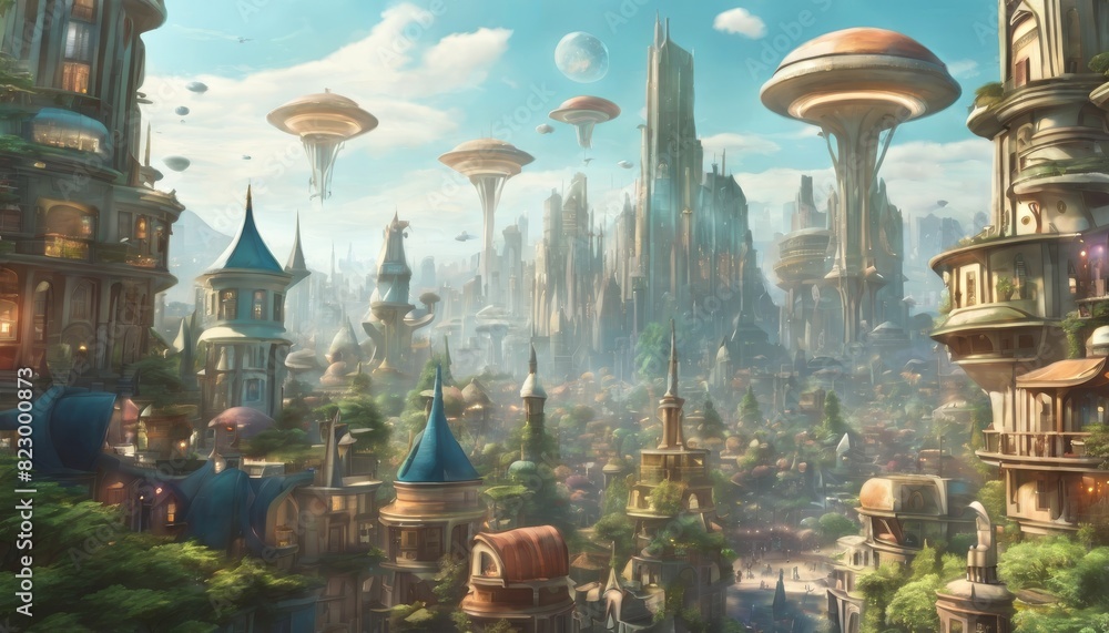 Poster an ethereal cityscape with futuristic architecture and floating islands under a clear blue sky.. ai 