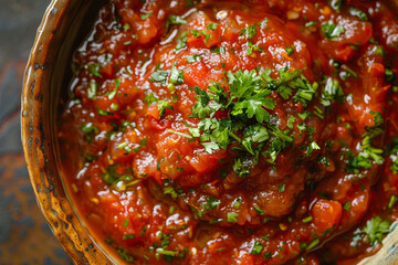 Mexican salsa roja appetizingly presented in bowl, overhead view