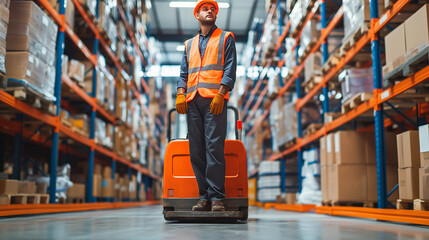 warehouse worker use manual Pallet truck in warehouse 