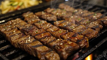 Close-up of sizzling grilled beef steak skewers on a barbecue, seasoned with herbs and spices,...