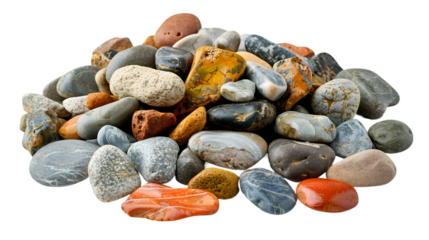 Pile colorful rounded sea pebbles and sand, rocks isolated on a transparent background