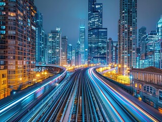 Obraz premium At night, the traffic trajectory on urban roads