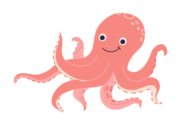 Cute smiling octopus isolated on pink background. Funny underwater pink animal with eight tentacles. Childish character. Colored flat cartoon vector illustration. Cute cartoon undersea world.