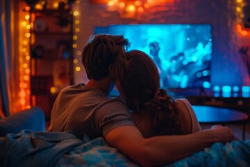 Couple Watching TV Together at Night
