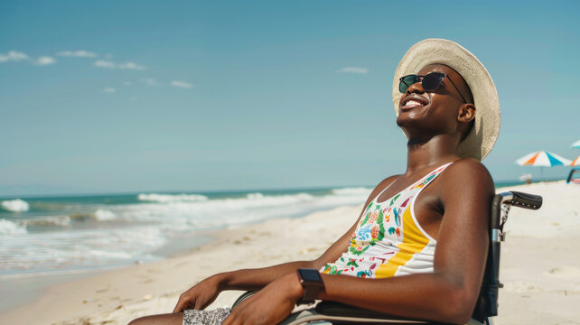 candid young black man in a wheelchair sunbathing at the beach,generative ai