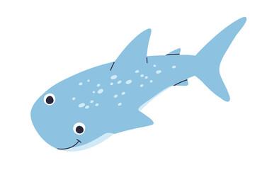 Large marine fish living in sea or ocean. Whale shark isolated on white. whale shark wild nautical fish. Cute cartoon vector illustration