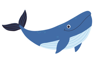 Cute blue whale swimming among starfishes and fishes in sea or ocean. Giant underwater animal. Childish colored flat vector illustration isolated on white background