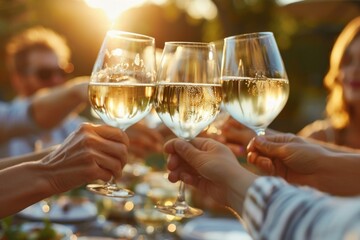 Friends Toasting with White Wine at Sunset