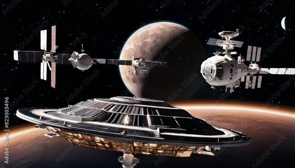 Poster a highly detailed space station orbits a large planet, symbolizing human advancement and exploration