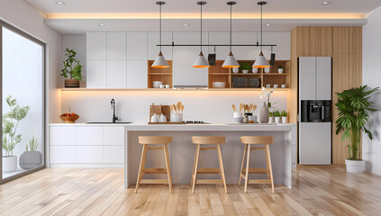 Minimalist interior design of a modern kitchen with white cabinets and a light wood floor featuring an island. Generative AI