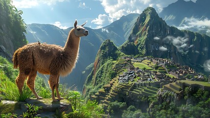 Amidst ancient ruins of Machu Picchu curious llama named Paco grazes lush grasses that carpet the terraced mountainside his gentle demeanor a stark contrast to the rugged landscape that surrounds him