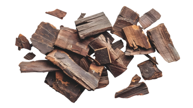 Rotten, old pieces of wood scattered isolated on a transparent background