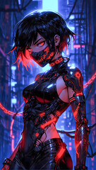 Portrait of an anime style cyberpunk female ninja warrior on a dark moody and atmospheric background