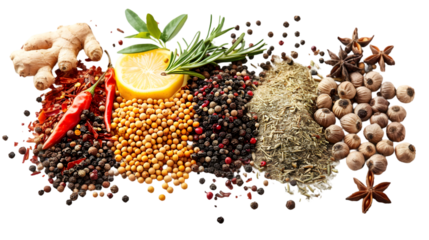 Spicy mixture of spices with chopped lemon peel, chili, peppercorns (black, green and red), mustard seeds, allspice, chopped ginger isolated on a transparent background