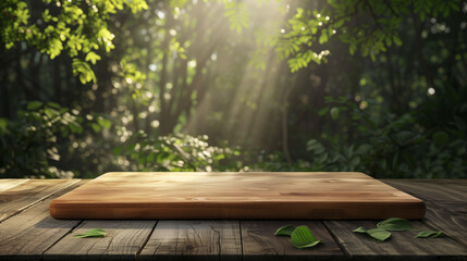 3D render of a wooden cutting board on a wooden table in a forest setting with green leaves and sunlight filtering through the trees, background slightly blurred to emphasize the board.
