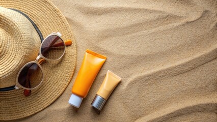 Sunscreen lotion, sunblock cream, sunglasses and hat on sandy beach as background, top view, copy space. Summer vacation and skin care concept, spf uv-protect cosmetic products.