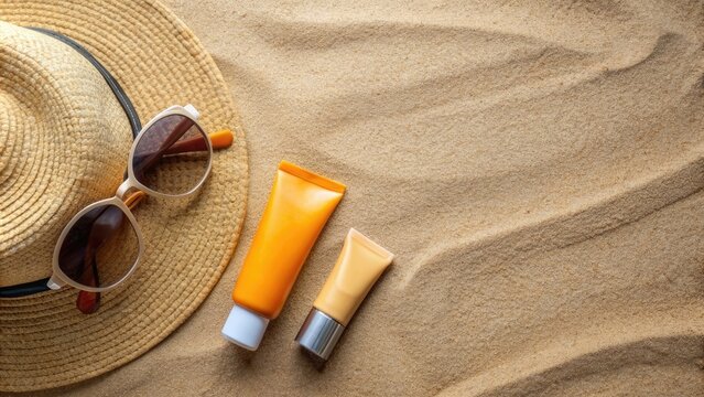 Sunscreen lotion, sunblock cream, sunglasses and hat on sandy beach as background, top view, copy space. Summer vacation and skin care concept, spf uv-protect cosmetic products.