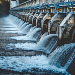 A close-up of a dam's intricate water control systems being fine-tuned by engineers, focusing on the high-tech instruments used to measure water flow and pressure, perfect for educational content on h