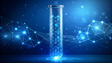 Science Chemistry Concept: Polygonal Lab Tube with Chemical Formula on Technology Blue Background. Perfect for: Science and Technology Conferences, Medical Research Seminars.