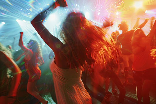 Partygoers dancing energetically to music at disco club