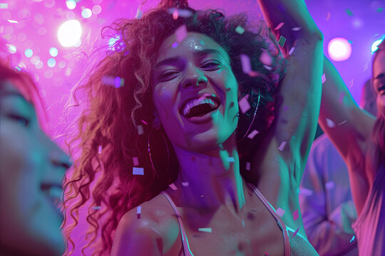 Partygoers dancing energetically to music at disco club