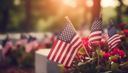 USA flag and flowers in the cemetery of soldiers for memorial day