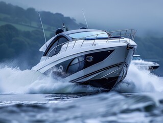 Fototapeta premium White speedboats sailing in the sea