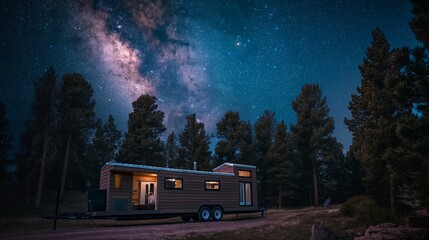 A compact tiny house on wheels, cleverly designed with fold-out sections, parked in a secluded forest clearing under a star-filled sky. 32k, full ultra hd, high resolution