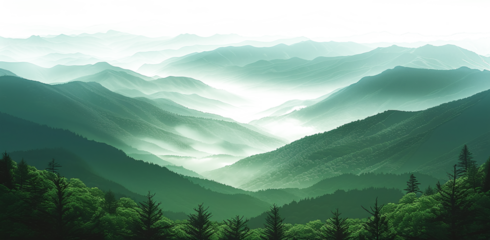 Photo realistic illustration of mountains forest fog morning. on white and transparent background