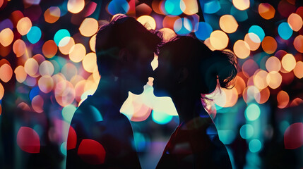 Against the neon blurred background a couple is looking at each other affectionately going to kiss young man love young woman kiss cucoloris faceless