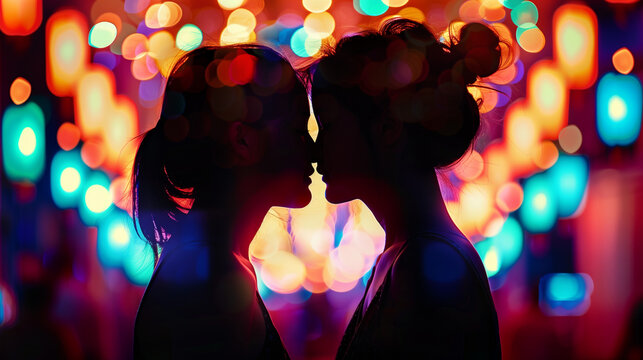 Against the neon blurred background girl couple is looking at each other affectionately going to kiss young woman love young woman lgbt girl kiss girl cucoloris faceless