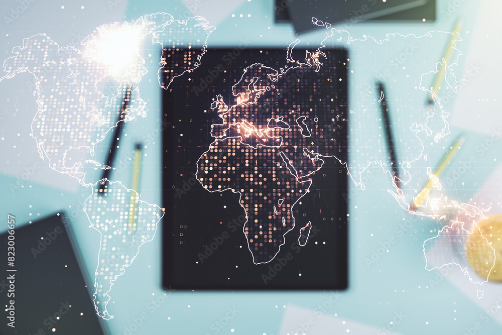Aufkleber multi exposure of abstract graphic world map and modern digital tablet on background, connection and