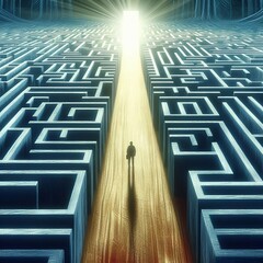 A scene depicting the road to spiritual freedom and self-discovery, with a single person standing at the entrance to a huge maze, symbolizing the complexity of the journey.