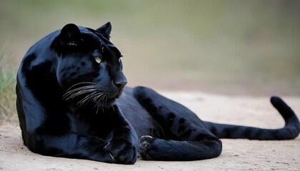 A Panther With Its Tail Curled Around Its Body Re