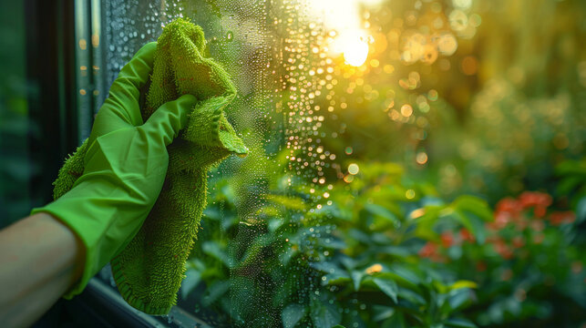 Hand in green glove cleaning a window with a cloth, symbolizing cleanliness, freshness, and domestic chores.