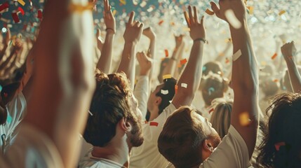 illustration of many sports fans cheering victory together happily and excited to watch their favorite football team in the football soccer stadium. Cheering sports fans wear white shirts.