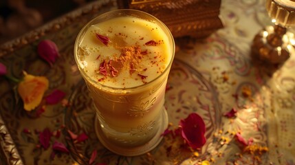 a saffron-infused thandai, its amber hues dancing in the golden hour, whispering tales of royal indulgence