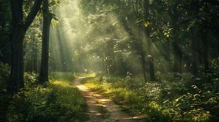 Obraz premium Pathway through a serene forest with dappled sunlight