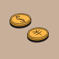 円とドル　コイン　アイソメトリックイラスト