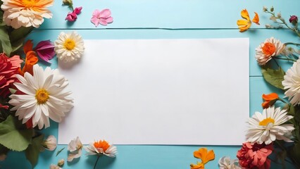 Blank paper sheet surrounded by summer flowers